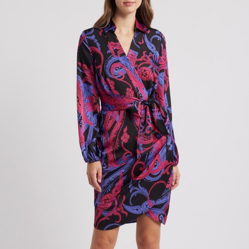NWT NEW Tahari ASL Side Drape long Sleeve Satin Shirt Dress Paisley Print Size 6